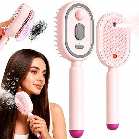 Electric Spray Air Cushion Massage Comb, 3-in-1 Multifunctional Hairbrush-Nano Fine Mist Spray, Red Light Therapy, and Retractable Design, for Hair Care, Scalp Massage, Daily Styling, Pink