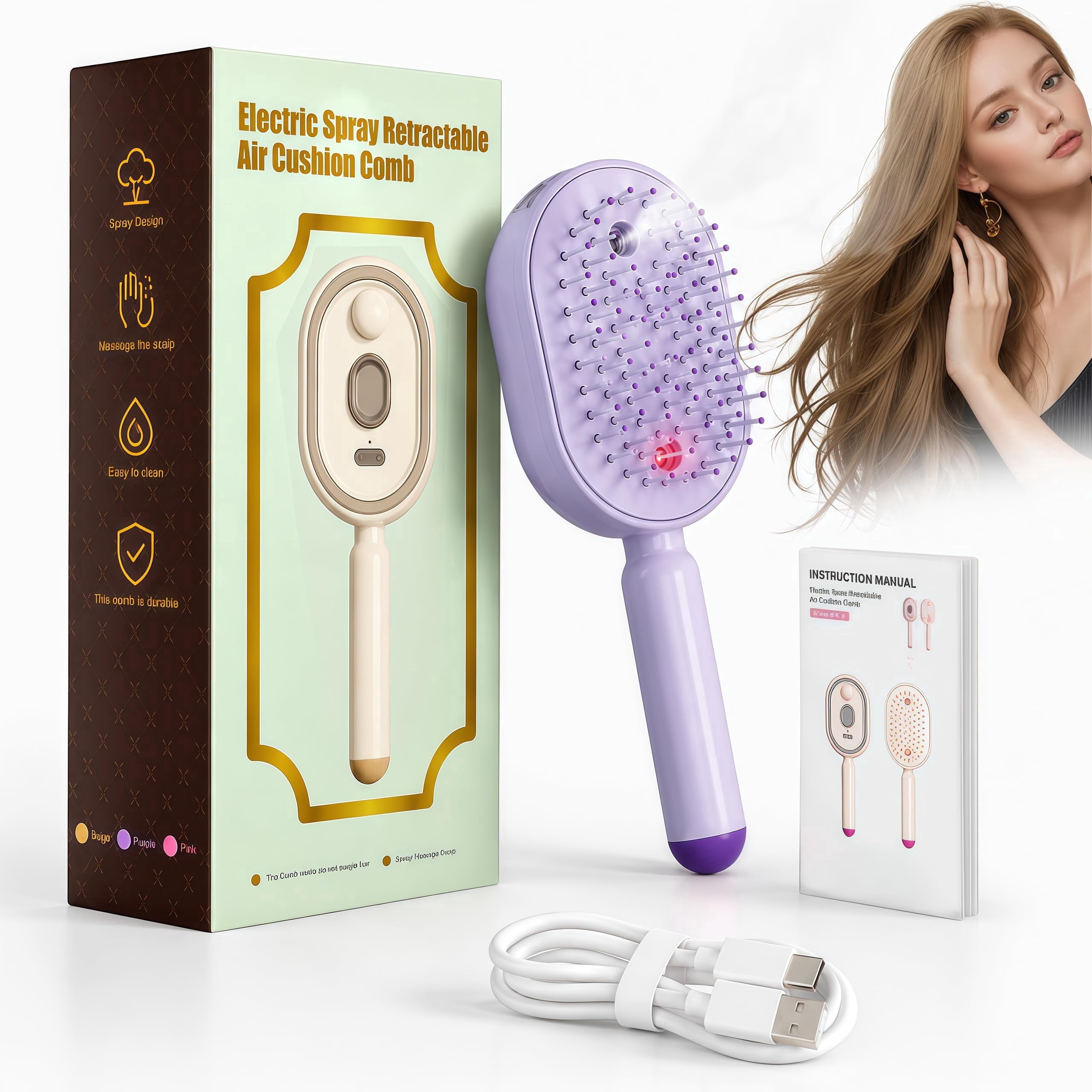 Electric Spray Air Cushion Massage Comb, 5 in 1 Electric Steam Brush for Hair with Retractable Cleaning Airbag, Detangling & Anti-Static, USB-C Rechargeable for Straight & Curly Women