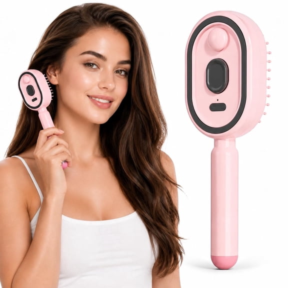 Electric Spray Air Cushion Massage Comb, Rechargeable Mist Hair Brush with Self-Cleaning Air Cushion Design for Hair Detangling, Anti-Static Styling and Everyday Scalp Massage Care (Pink)