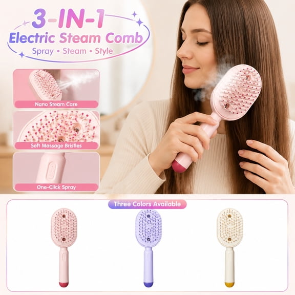 Electric Spray Hair Brush Rechargeable Steam Brush for Hair with Red Light Scalp Care, Retractable Detangling Massage Comb for Frizz Control (Yellow)