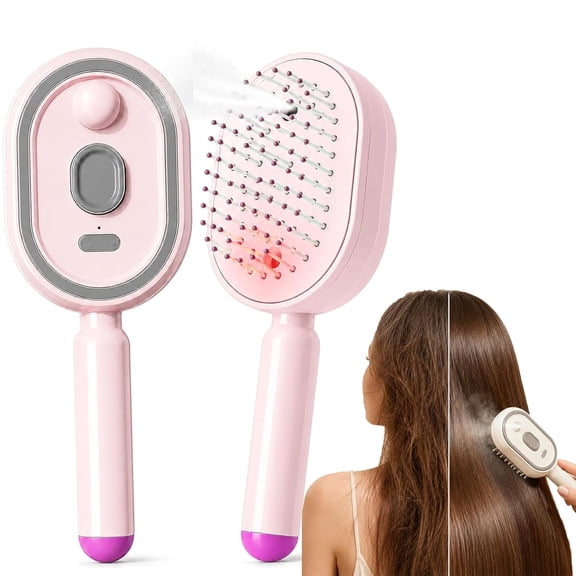 Electric Spray Massage Comb, Self-Cleaning Anti-Tangle Electric Steam Brush, Electric Spray Cushion Comb for Women, Misting Hair Brush with Built-In Water Spray, for Nourishing, Smoothing (Pink)