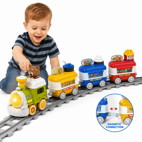 HOLYFUN Electric Spray Train Track Playset for Toddlers 1-3 Years Old, Light & Musical Kids Railway Toy Train Car, Ideal Birthday Present for Little Boys and Girls