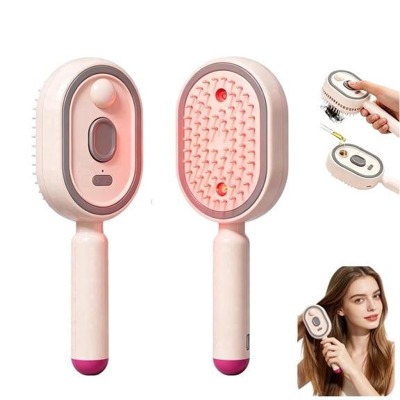 3-in-1 Steam Hair Straightener Brush, Retractable Styling Tool to Relieve Tangles, Ideal for Dry & Frizzy Strands (Pink)