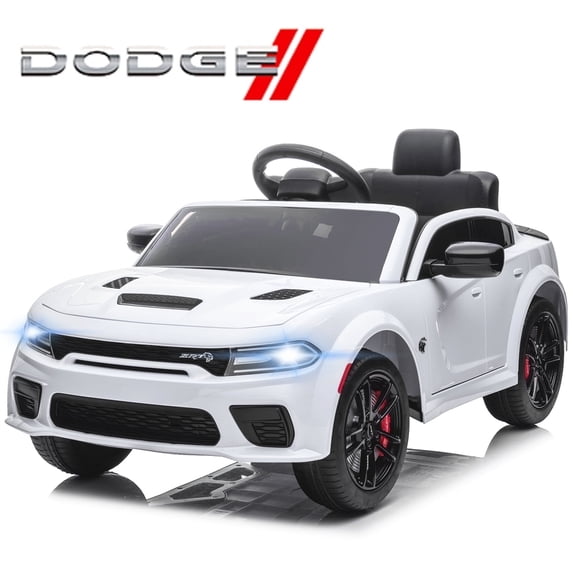 12V Ride On Car, Dodge Charger Powered Electric Car with Battery Powered, Bluetooth, Remote Control, LED Light, Ride On Toy for Ages 3+ Kids, White