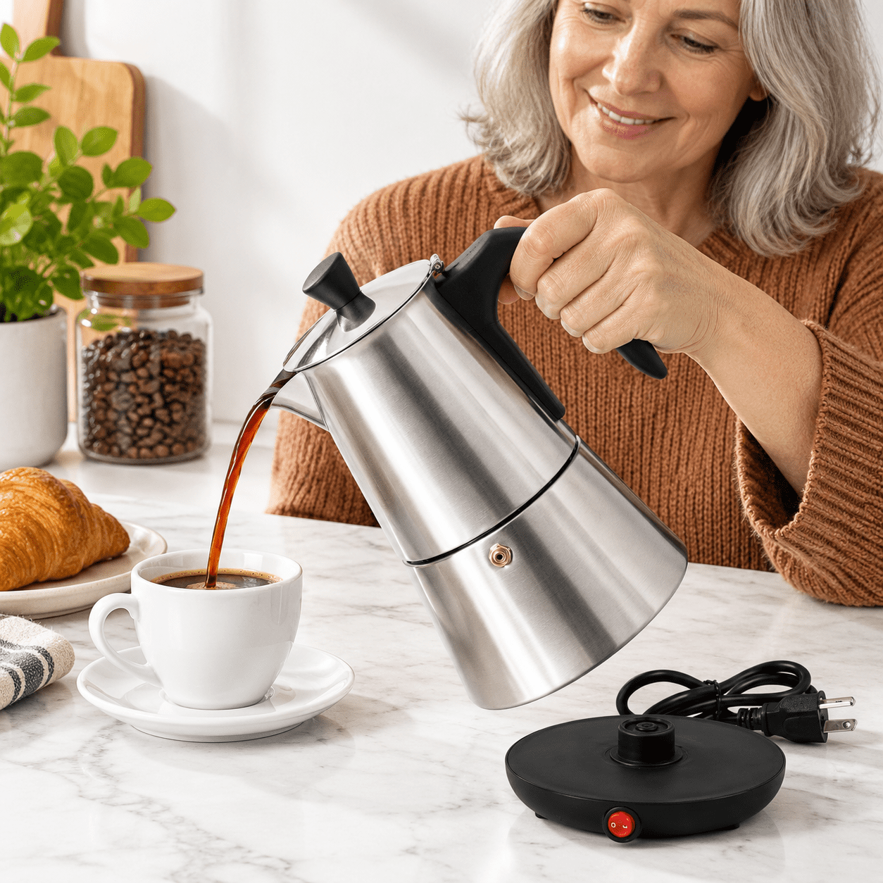 Electric Stainless Steel Moka Pot, 6 Cup (300ml), Brushed, Home ...
