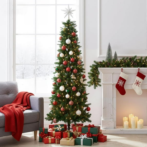 Betcozy Pre-lit Christmas Tree with Lights, 4.5ft Artificial Spruce Christmas Pencil Trees, 8 Modes Lights, 347 Branch Tips, 120 Incandescent Lights