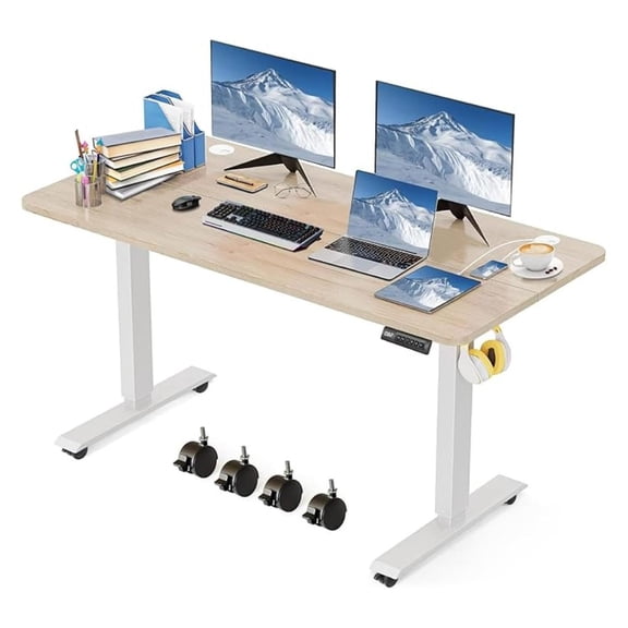 Electric Standing Desk 24x48", Adjustable Height Sit Stand Desk with Wheels, Memory Preset, Home Office Workstation, Oak Finish