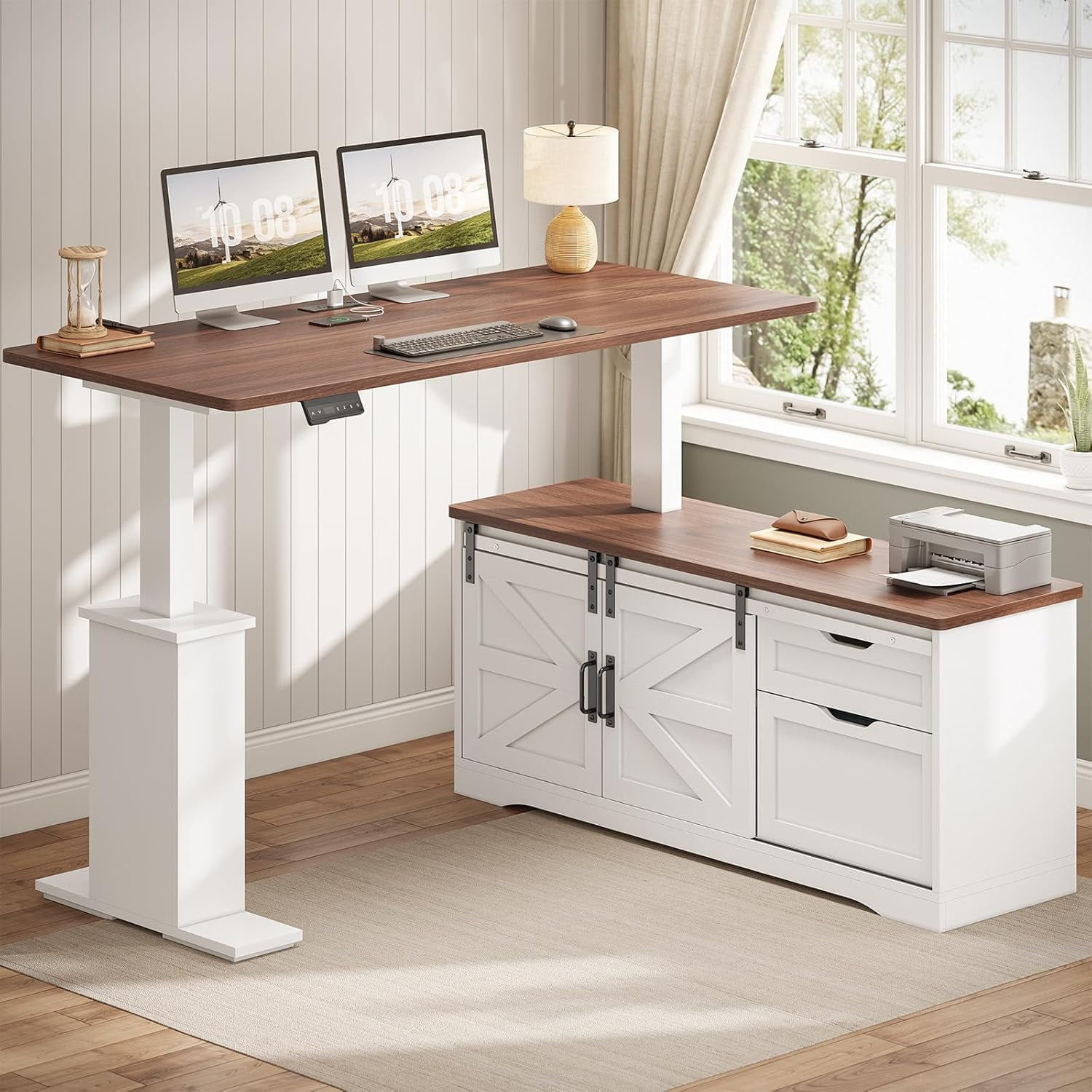 SEDETA Farmhouse L Shaped Standing Desk, 55 inch Height Adjustable Corner Desk with Storage Drawers, Standing Computer Desks with Power Outlets for Home Office, Elegant Computer Desk, White