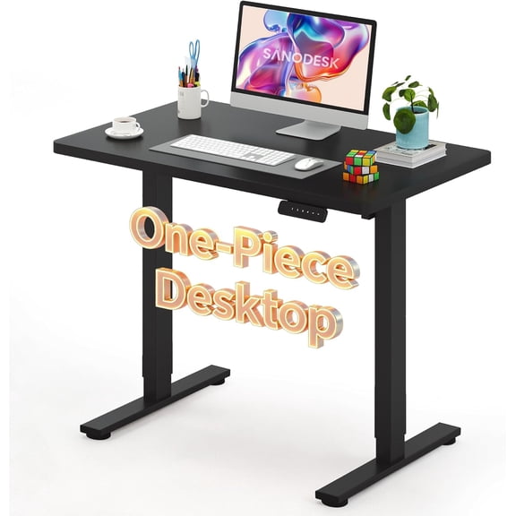 Electric Standing Desk 40 x 24 Inches Whole-Piece Desktop Height Adjustable Stand Up Desk w/6-Button Controller Ergonomic Computer Desk for Home Office, Black Frame + Black Tabletop