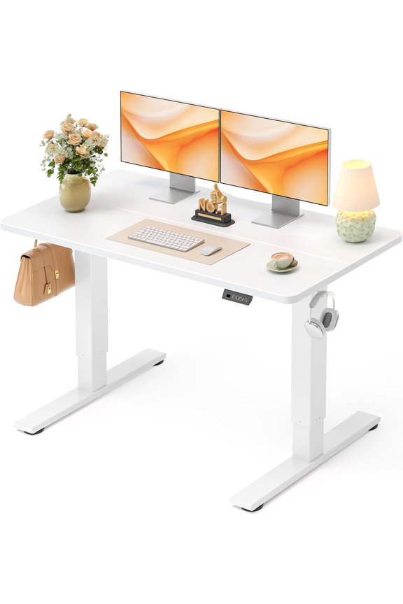 Electric Standing Desk 48 x 24 Inch, Height Adjustable Sit Stand Desk with Memory Presets, Splice Desktop Computer Desk for Home Office, White Frame/White Top