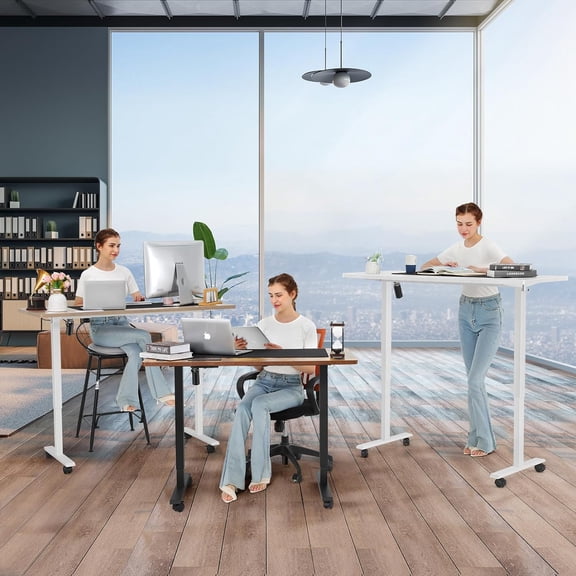 Electric Standing Desk 48x24 Inch Adjustable Height Desk Ergonomic Home Office Computer Workstation with Wheels and Hooks Brown