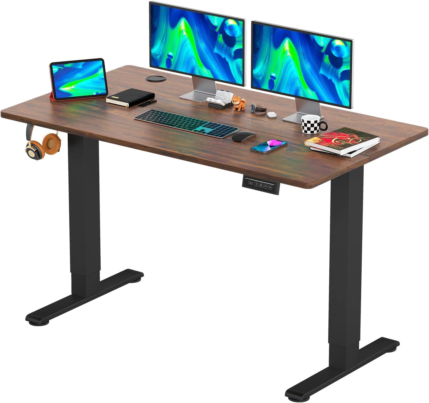 Electric Standing Desk 48x24 Inch Height Adjustable Desk Large Space Office Computer Desk with Headphone Holder 2 Memory Function for Home Office,Brown