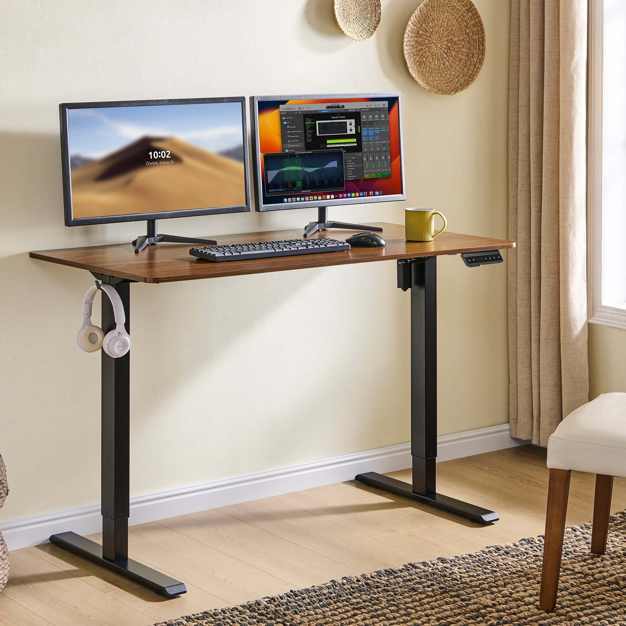 Electric Standing Desk, 48x24 Inches Adjustable Height Sit Stand Desk, Black Frame/Dark Walnut & Mahogany Top, Home Office Ergonomic Desk