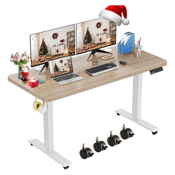Electric Standing Desk 48x24 inch, Adjustable Height Desk with Wheels, Memory Settings, 27-46 inch Lift, Metal Hook, Home Office Workstation (Oak Gray)