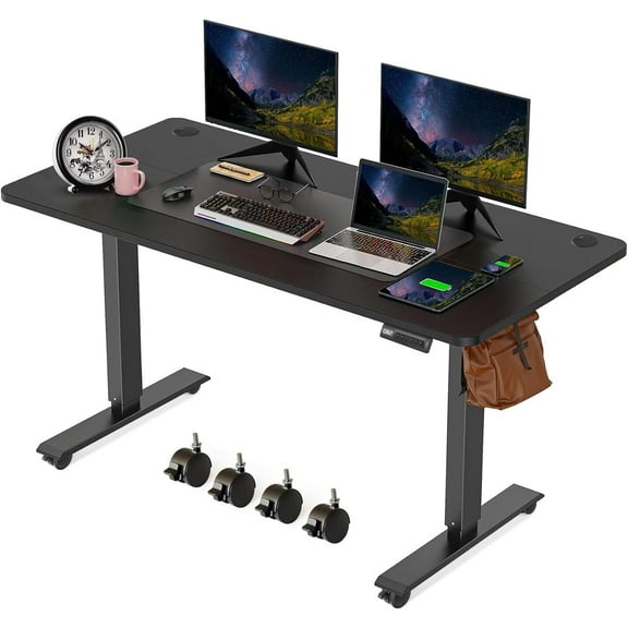 Electric Standing Desk 55 x 24 Inches Adjustable Height Sit Stand Up Desk for Home Office Computer Workstation Memory Preset with Wheels, Black