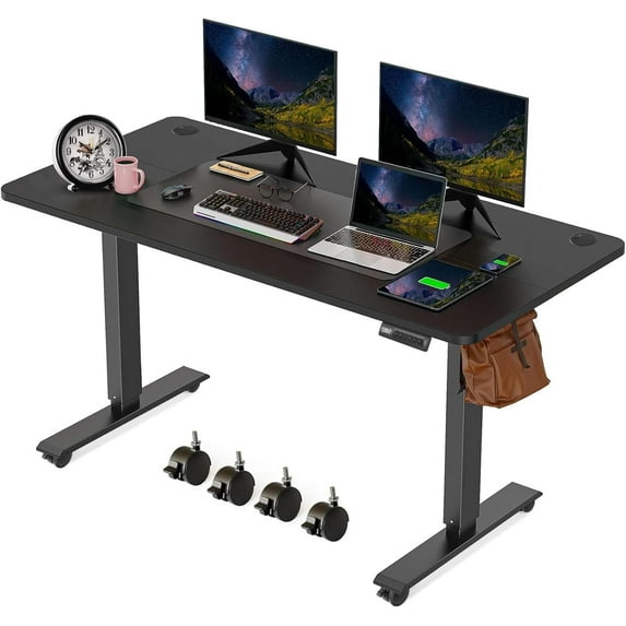 Electric Standing Desk 55 x 24 Inches Adjustable Height Sit Stand Up Desk for Home Office Computer Workstation Memory Preset with Wheels, Black