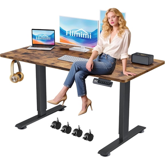 Electric Standing Desk 55 x 24 inch for Home Office,Sit-Stand Adjustable Desk with Memory Presets,Height Adjustable Desk for Gaming/Working,Free Hook, Lockable Wheels,Mouse Pad,Brown