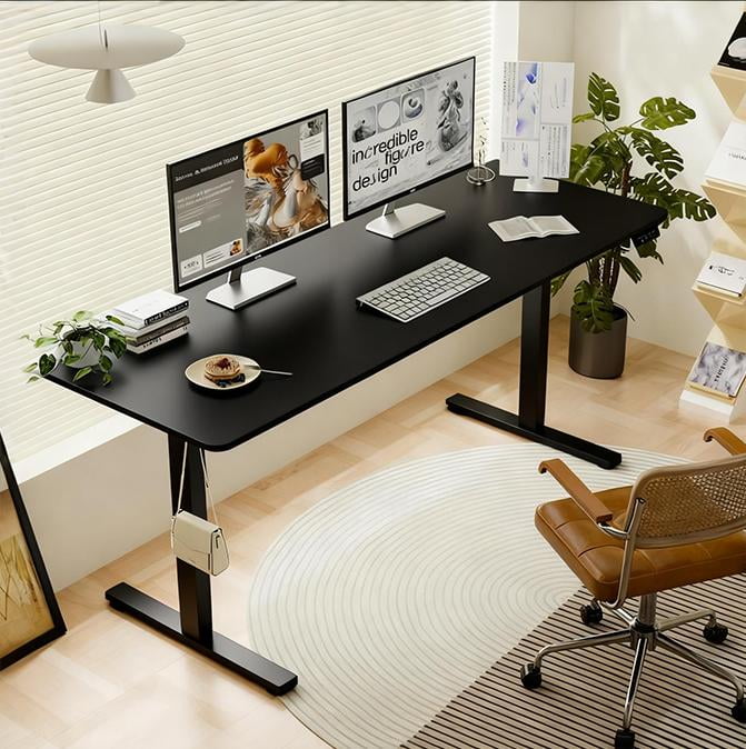 Electric Standing Desk 55x24 Inch, Height Adjustable Sit Stand Desk, Heavy Duty Steel Frame, 4 Memory Presets, Anti-Collision, Home Office Gaming Workstation, Black Rustic Brown