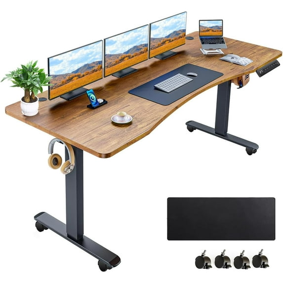 Electric Standing Desk 63 x 24 Inches Adjustable Height Ergonomic Curved Sit Stand Up Desk for Home Office Computer Desk Memory Preset with Wheels and Black Frame/Brown Top