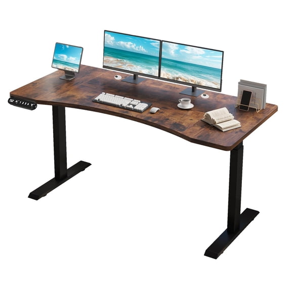 Electric Standing Desk 63x30 Inch, Dual Motor Height Adjustable Desk, Curve Splice Board, 4 Memory Presets, Cable Basket, Home Office Workstation, Rustic Brown