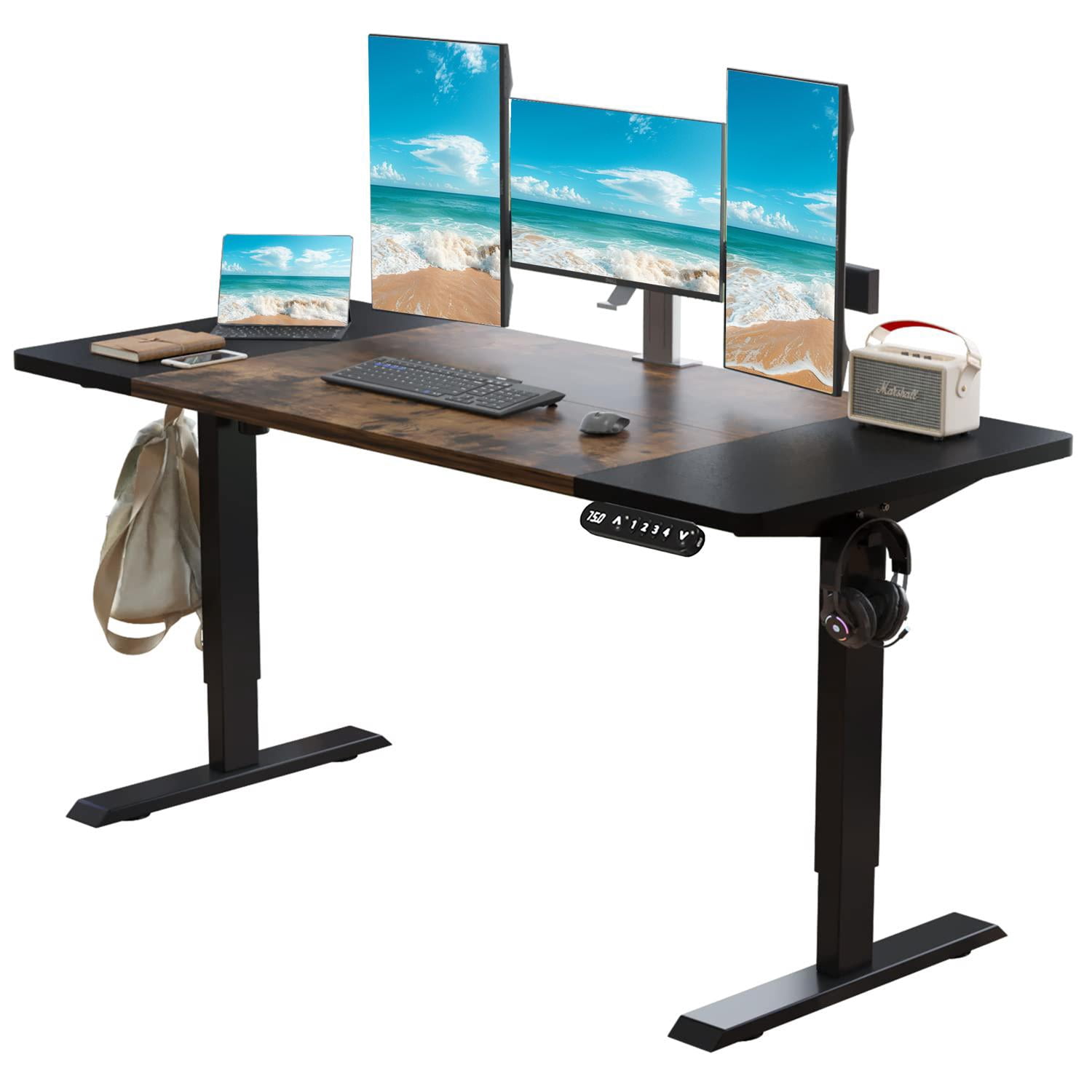 Electric Standing Desk 63x30 Inch, Height Adjustable Sit Stand Desk, Splice Board, 4 Memory Presets, Cable Basket, Side Hooks, Home Office Workstation, Rustic Brown