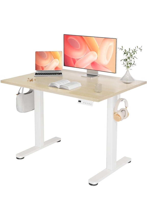 Electric Standing Desk Adjustable Height, 40 x 24 Inches Stand up Desk with Cable Management, Home Office Desks with Splice Board & White Frame, Nature Top