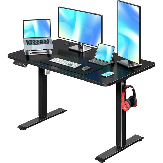Electric Standing Desk Adjustable Height, 48 x 24 Inch Computer Desk with Headphone Hook, Memory Preset Gaming Desk, Dual-Motor, Easy Assemble for Home, Office, Black