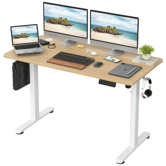 Electric Standing Desk with Carbon Steel Frame & Splice Board, 4-Preset Height Adjustable Desk, Home Office Sit Stand Desk, Natural