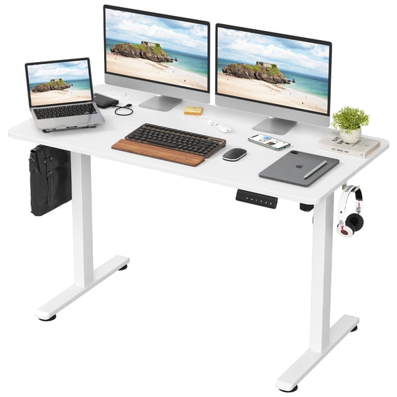 Electric Standing Desk with Carbon Steel Frame & Splice Board, 4-Preset Height Adjustable Desk, Home Office Sit Stand Desk, White