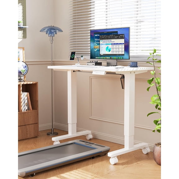 Electric Standing Desk Converter 35x20 White Whole Piece Desktop Adjustable Height Sit Stand Up Desk for Home Office with 4 Memory Settings