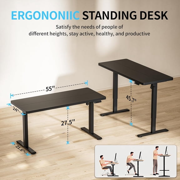 Electric Standing Desk Converter 55x24 Height Adjustable Sit Stand Desk with Memory Presets and Anti-Collision for Home Office