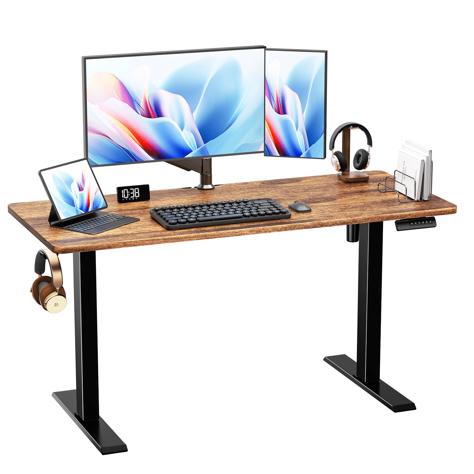 CHITOOMA 55" x 24" Electric Standing Desk, Adjustable Height Sit Stand Up Desk with 4 Memory Pre-Set, Home Office Gaming Desk with Headphone Hook, Vintage Brown