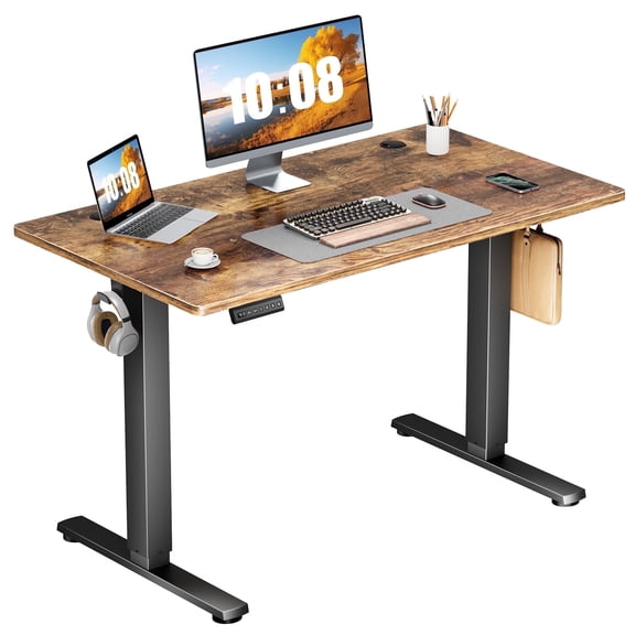 Electric Standing Desk with Double Drawer - 40 x 24 inch Adjustable Height Sit to Stand Up Desk with Storage Shelf, Rising Home Office Computer Table, Rust