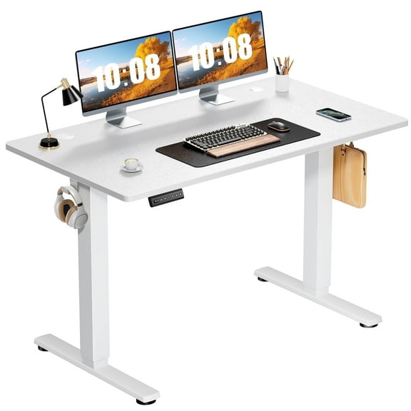 Electric Standing Desk with Double Drawer - 40 x 24 inch Adjustable Height Sit to Stand Up Desk with Storage Shelf, Rising Home Office Computer Table, White