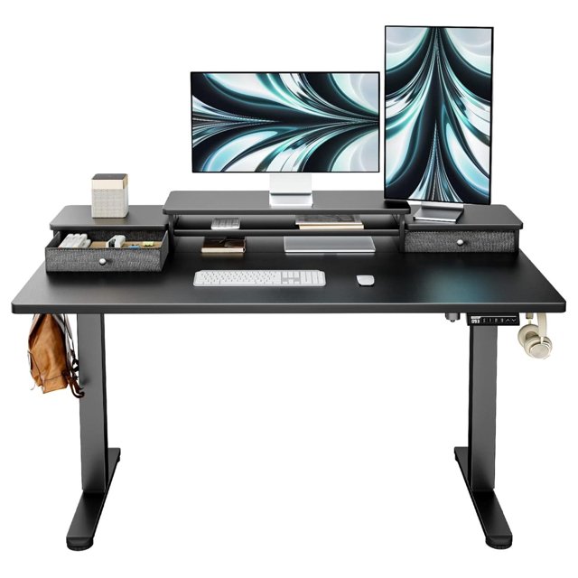 Electric Standing Desk with Double Drawers, 48x24 Inches Adjustable