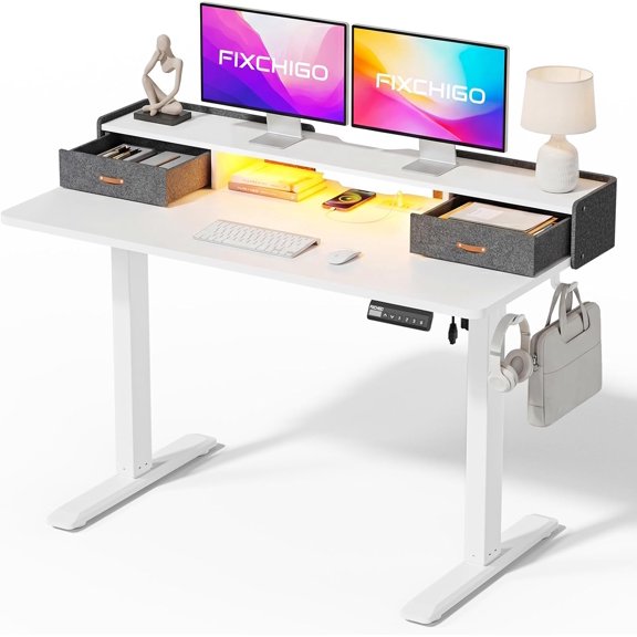 Electric Standing Desk with Drawers, 48 Inch Height Adjustable Desk with Power Outlets & LED Lights, Sit Stand Table with Monitor Stand for Home, Office, White