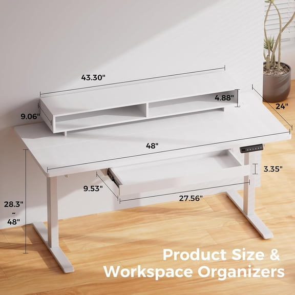 Electric Standing Desk with Drawers, 48 x 24 Inch Height Adjustable Gaming Desk with Monitor Stand, Power Outlets & LED Lights, Home Office Sit Stand Up Desk with Memory Preset (White)