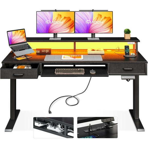 Electric Standing Desk with Drawers & Keyboard Tray, 55 Inch Height Adjustable Desk with Power Outlets & LED Lights, Sit Stand Table with Monitor Stand for Home, Office, Black