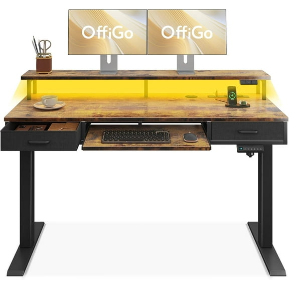 Electric Standing Desk with Drawers & Keyboard Tray, 55 Inch Height Adjustable Desk with Power Outlets & LED Lights, Sit Stand Table with Monitor Stand for Home, Office, Rustic Brown