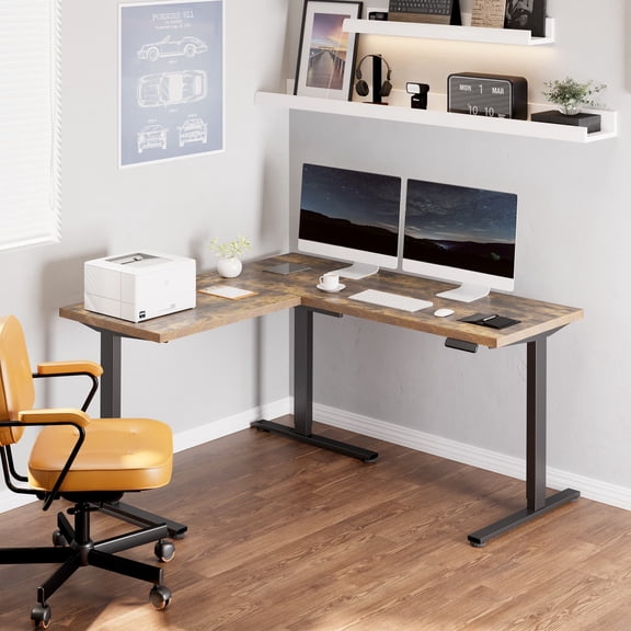 FLEXISPOT L Shaped Standing Desk, 63 x 55 Inch Electric Height Adjustable Corner Desk, Sit Stand Computer Workstation with Preset Controller for Home Office, Black and Rustic