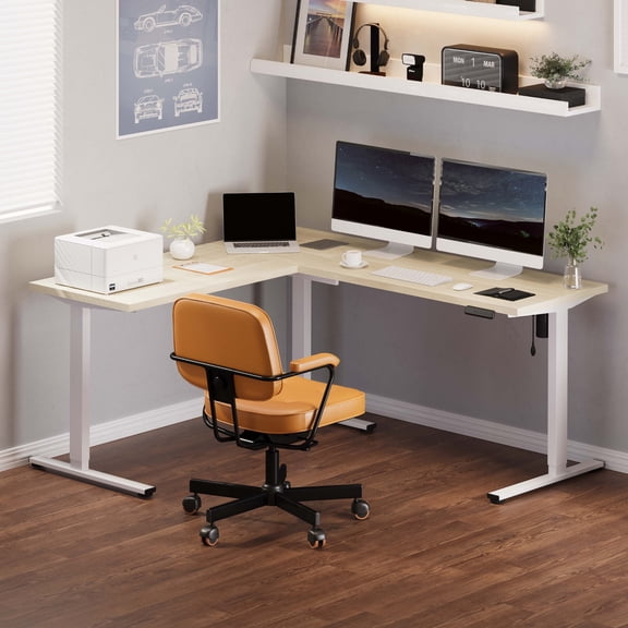 FLEXISPOT L Shaped Standing Desk,71 x 63 Inch Electric Height Adjustable Corner Desk, Sit Stand Computer Workstation with Preset Controller for Home Office, White and Maple