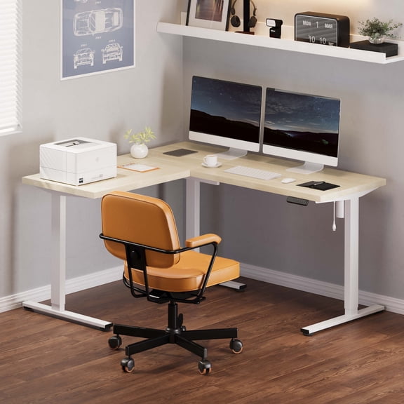 FLEXISPOT L Shaped Standing Desk, 63 x 55 Inch Electric Height Adjustable Corner Desk, Sit Stand Computer Workstation with Preset Controller for Home Office, White and Maple