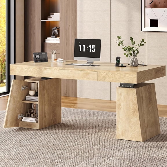 Electric Standing Desk with Storage Cabinet, 55" Adjustable Stand up Desk with Power Outlet, Wood Sit Stand up Computer Desks for Home Office, Natural Oak
