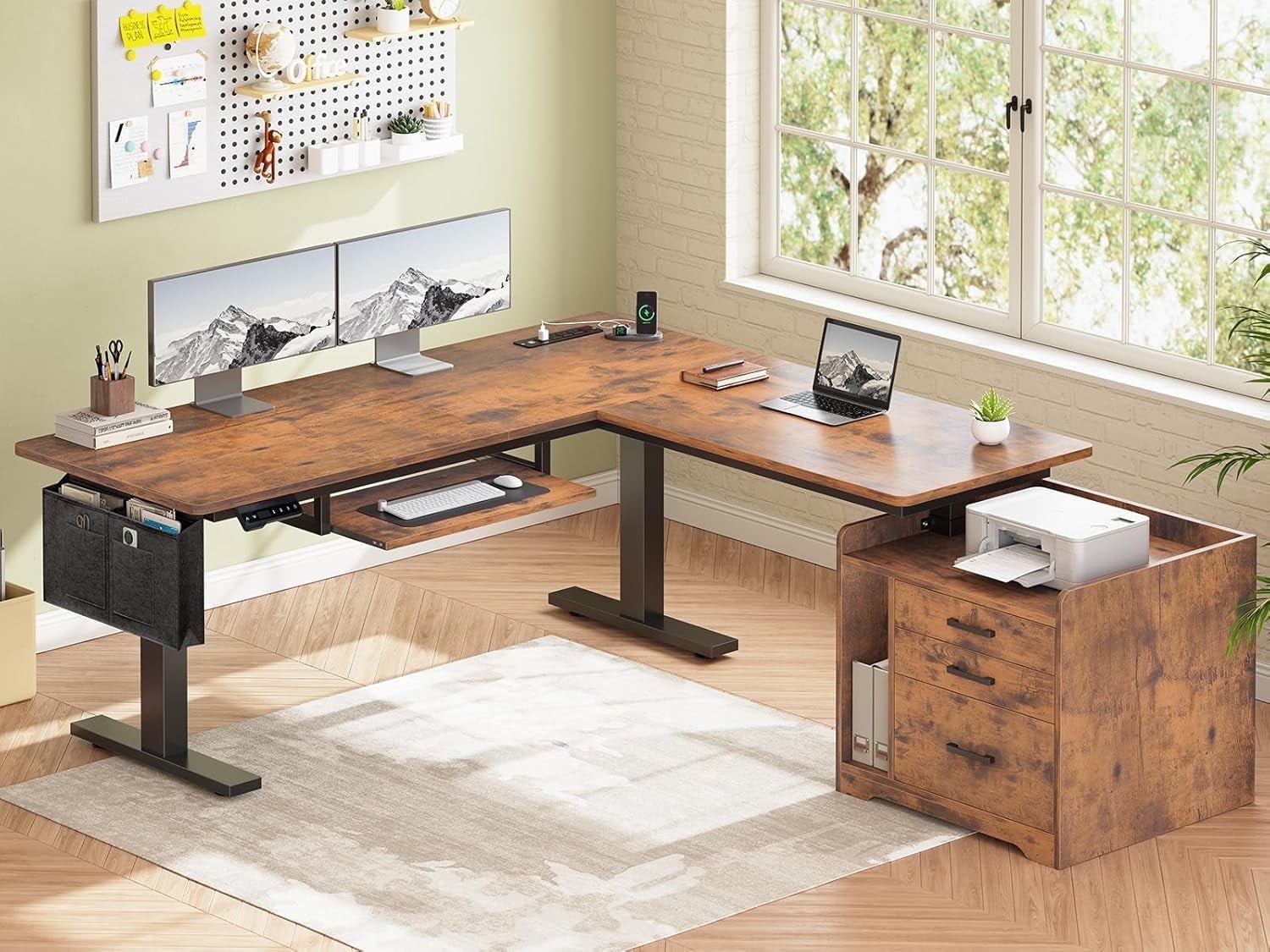 SEDETA Electric Standing Desk with Storage, L Shaped Desk with Drawers & Power Outlets, Home Office Desk with File Drawer, Keyboard Tray and Storage Bag, 63" × 53" Large Stand Up Desk, Rustic Brown