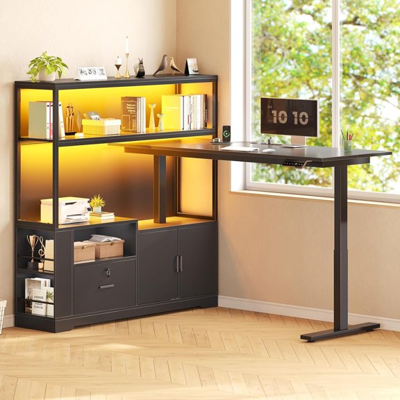SEDETA L Shaped Standing Desk with Storage, Electric Home Office Desk with LED Lights & Power Outlets, Adjustable Height Computer Desk with Drawer, Cabinet & Bookcase, Sit Stand Up Corner Desk, Black