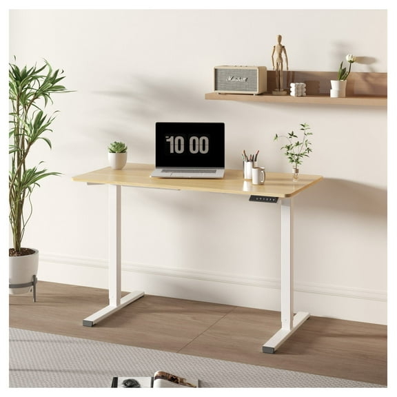 Electric Standing Desk Whole Piece Adjustable Height Desk Home Office Computer Workstation Sit Stand up Desk (White Frame + Maple Top)