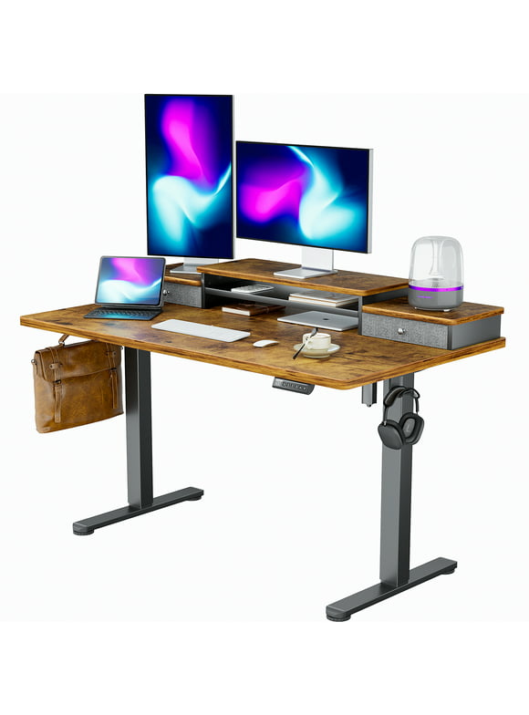 Electric Standing Desk with Double Drawers Height Adjustable 48"x24" Stand Up Desk with Monitor Shelf, Vintage Brown