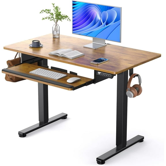 Electric Standing Desk with Keyboard Tray, 44x24 Inches Adjustable Height Sit Stand Up Desk, Home Office Desk Computer Workstation, Vintage Brown