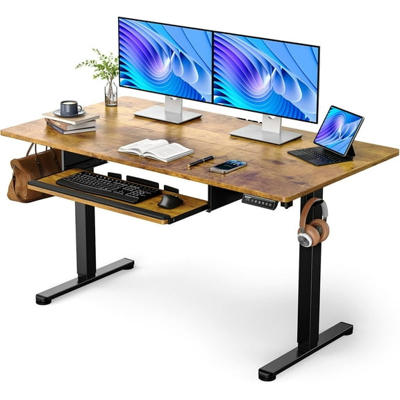 Electric Standing Desk with Keyboard Tray, 55x28 Inches Adjustable Height Sit Stand Up Desk, Home Office Desk Computer Workstation,Vintage Brown