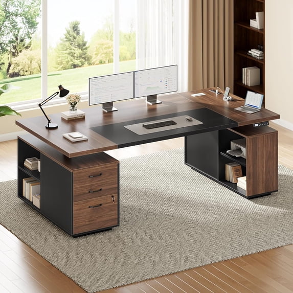 Electric Standing Desk with Power Outlet, Executive Desk with Lockable File Cabinet and Open Storage Compartments, Home Office Desk, Walnut